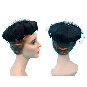 Vintage 1950s Petal Hat Round Black Abraham & Straus Rhinestone Beret